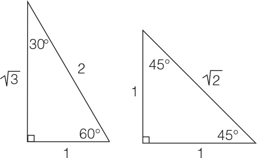 Two right triangles. The triangle on the left has an interior angle equal to 60 degrees, whose opposite side equals the square root of 3, another interior angle equal to 30 degrees, whose opposite side equals 1, and hypotenuse equal to 2. The triangle on the right has two interior angles equal to 45 degrees, legs equal to 1, and hypotenuse equal to the square root of 2.