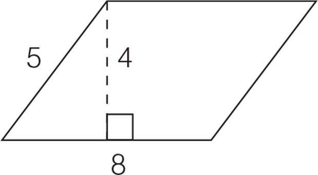 A parallelogram with base equal to 8 and a side equal to 5. A height, equal to 4, is drawn perpendicular to the base.