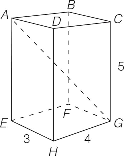 A rectangular solid with length equal to 3, width equal to 4, and height equal to 5. Diagonal AG connects the upper back left vertex with the lower front right vertex.