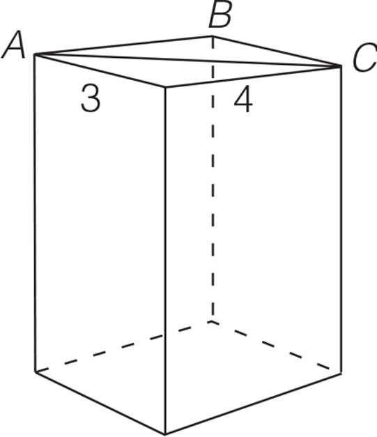 A rectangular solid with length equal to 3 and width equal to 4. The top surface is cut by a diagonal line, connecting points A and C, and forming triangle ABC.