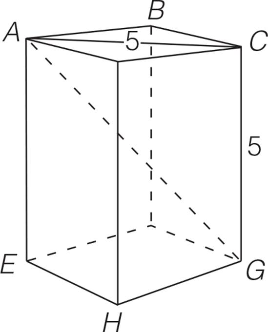 A rectangular solid with length equal to 3, width equal to 4, and height equal to 5.   Diagonal AG connects the upper back left vertex with the lower front right vertex.  A diagonal on the top surface connects corners A and C, and is equal to 5.